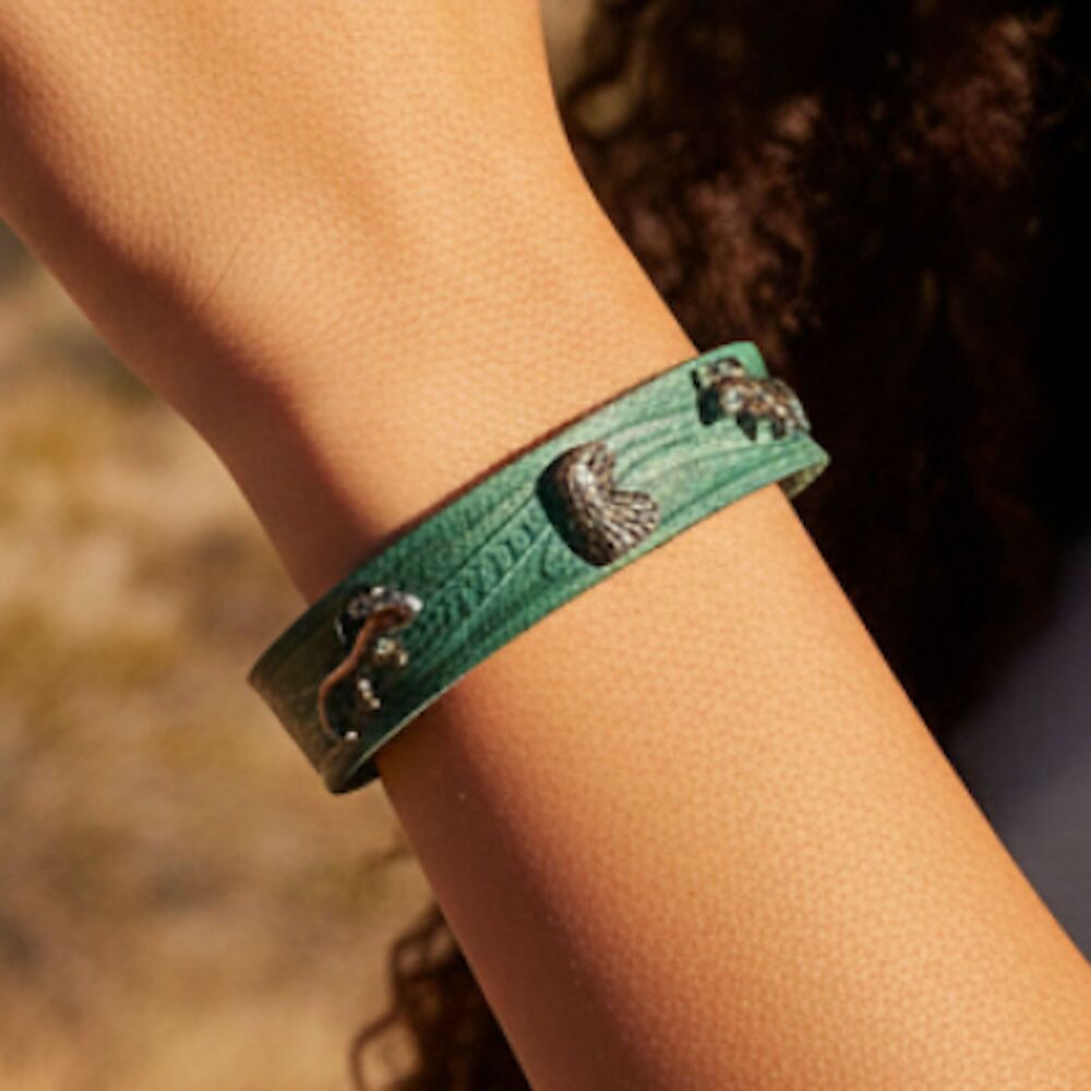 7" Jade Leather Bracelet Cuff Silver Eagle/Geckos Magnetic Clasp